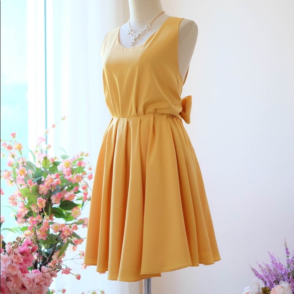 Backless Bow Mustard Yellow Dress